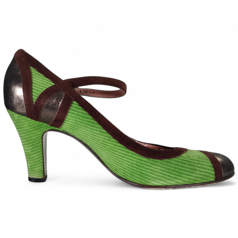 Marc Jacobs Mary Jane Heels 39.5 Green Corduroy Brown Suede Metallic Toe Italy - Picture 11 of 12